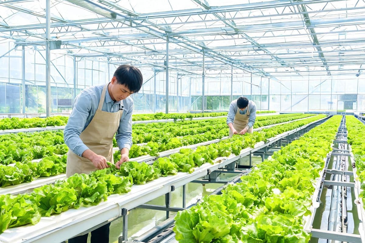 Farm workers tending leafy greens in a greenhouse