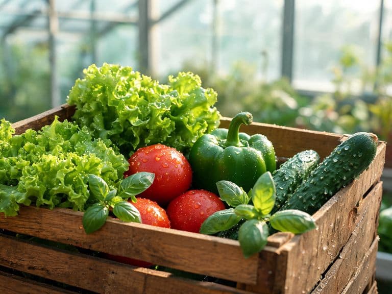 Freshly harvested greens, tomatoes and vegetables in a greenhouse